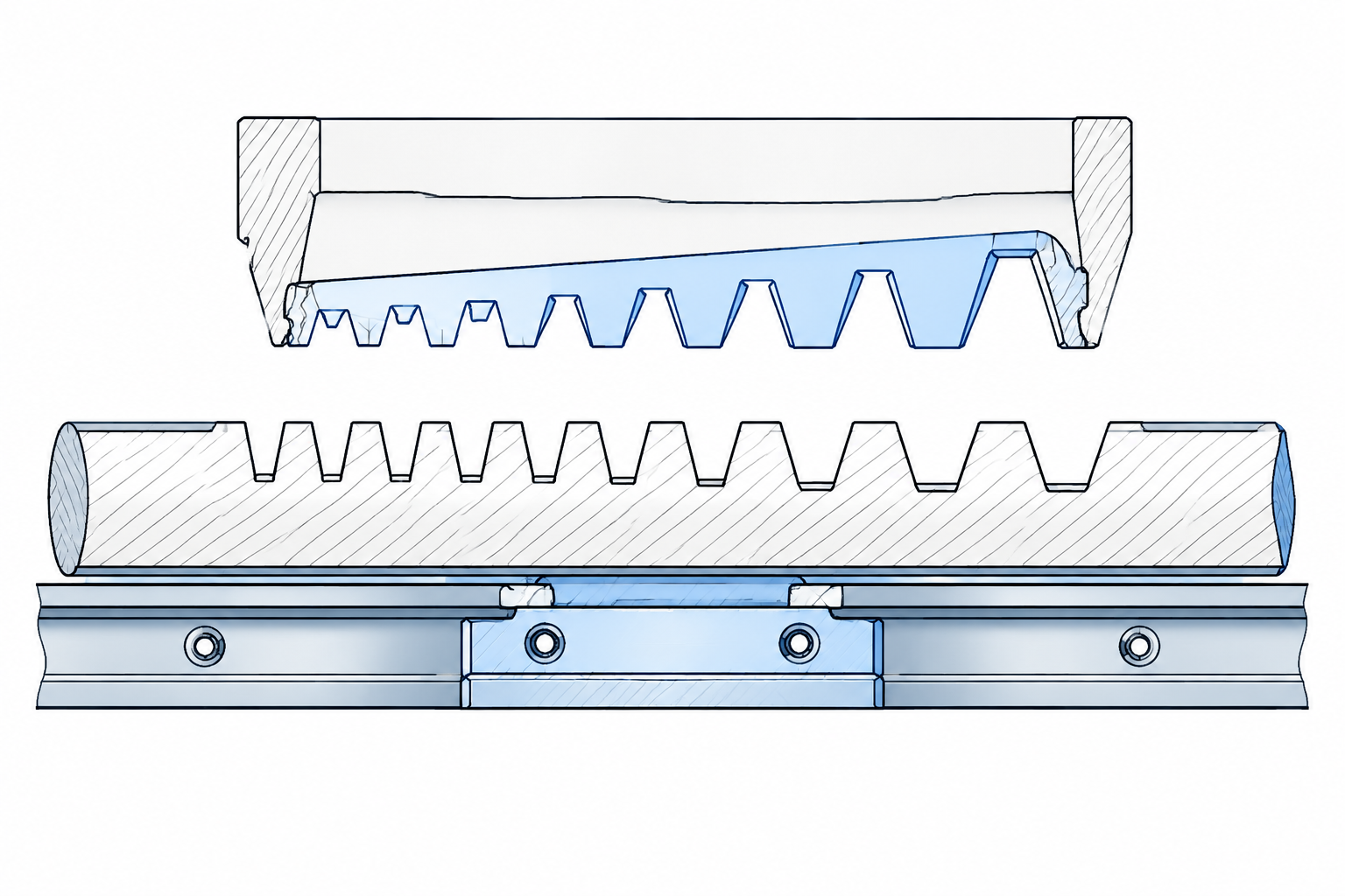 Rack cross-section with form broach and guide rail