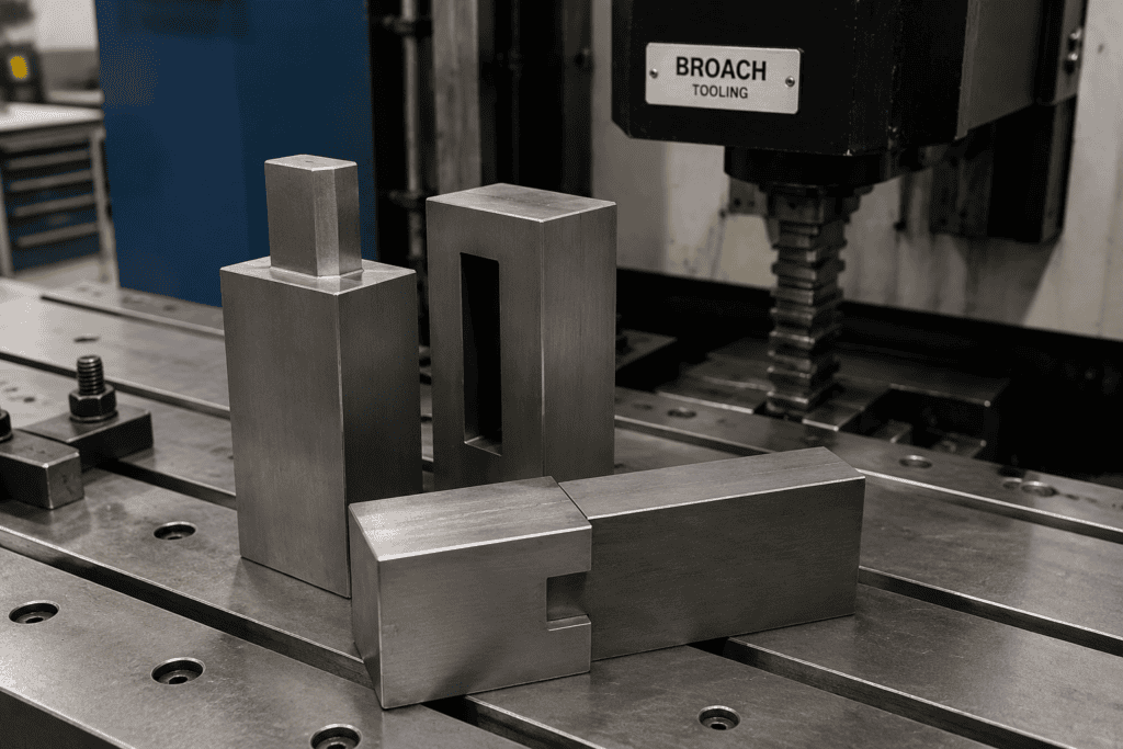 Metal tenon joints broached on a CNC side-broaching machine