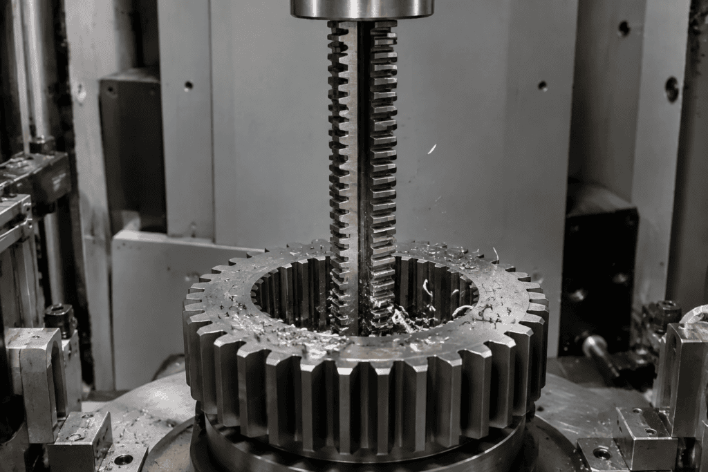 Internal spline broaching on a vertical machine: multi-tooth broach pulled through a gear bore