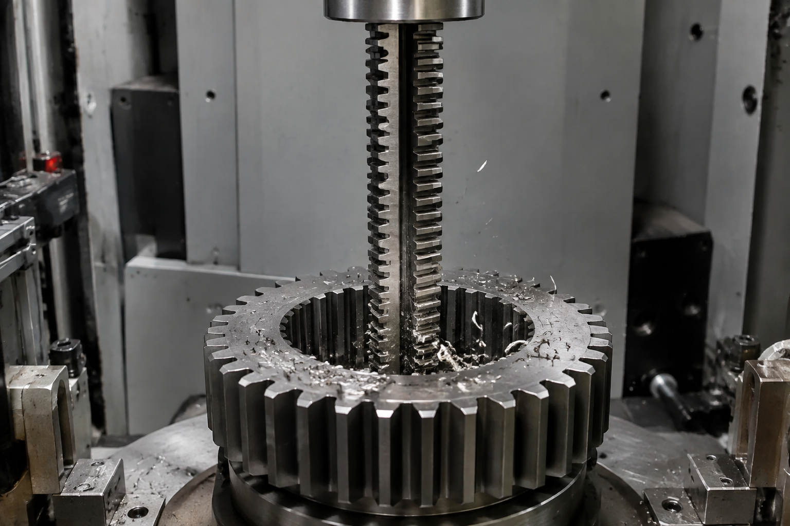 Internal spline broaching on a vertical machine: multi-tooth broach pulled through a gear bore