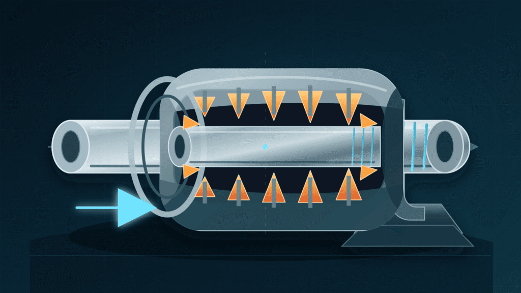 Conceptual engineering visualization of a cylindrical workpiece moving axially through inward-facing pot broach cutters