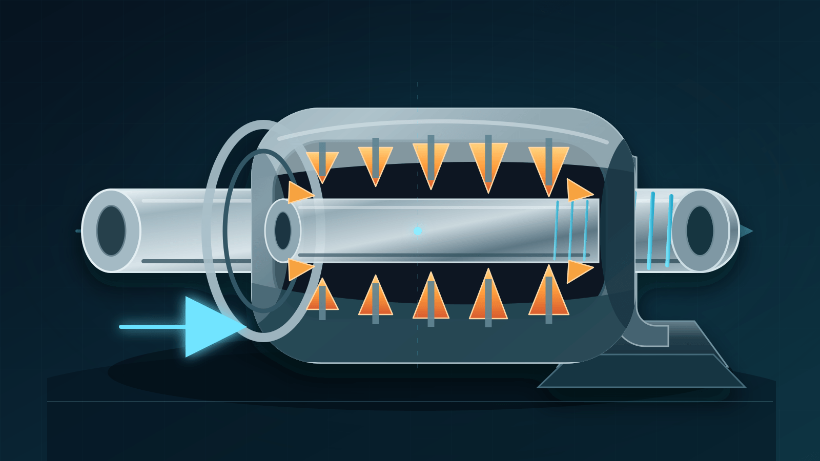 Conceptual engineering visualization of a cylindrical workpiece moving axially through inward-facing pot broach cutters