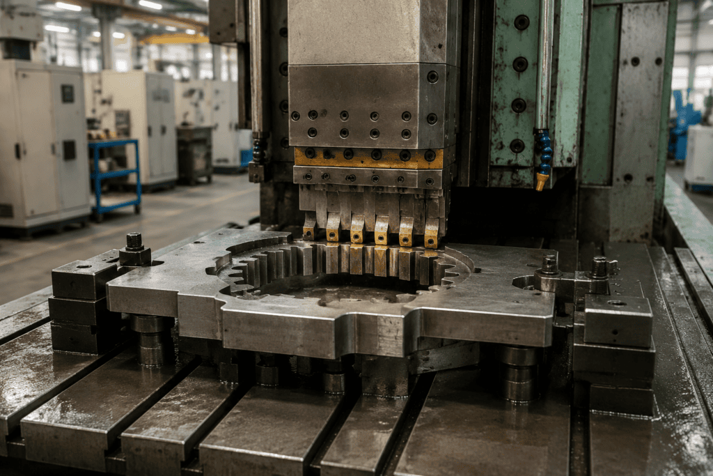 Surface broaching machine cutting an external profile