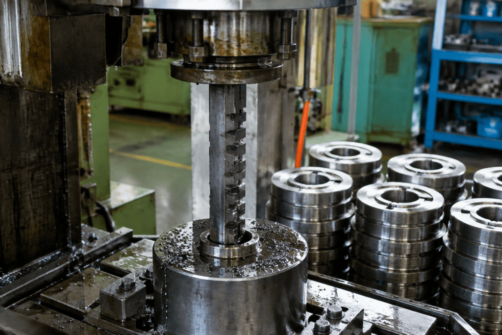 Keyway broach descending through a guide bushing into a steel hub
