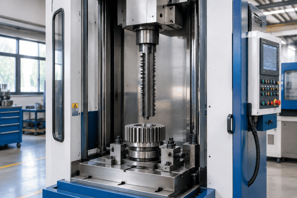 Vertical broaching machine with ram above a clamped gear blank