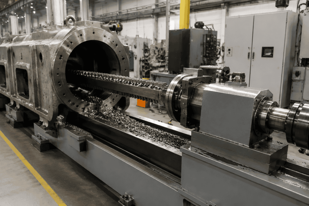 Horizontal broaching machine pulling a broach along its bed