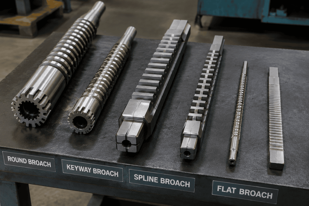 Round, keyway, spline and flat broaches with progressive teeth