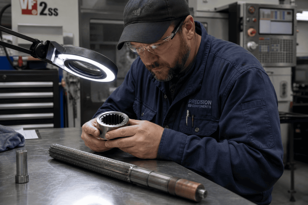 Machinist inspecting a broached surface finish defect