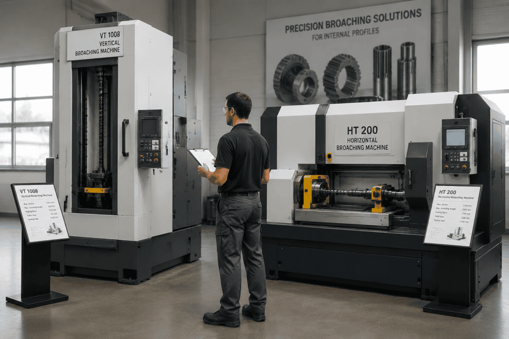 Engineer comparing vertical and horizontal broaching machines