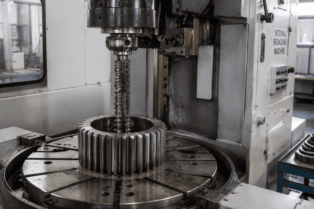 Internal broaching machine with broach half-inserted in a gear bore