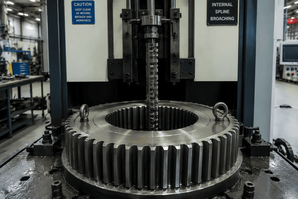 Spline broach pulled through a transmission gear bore