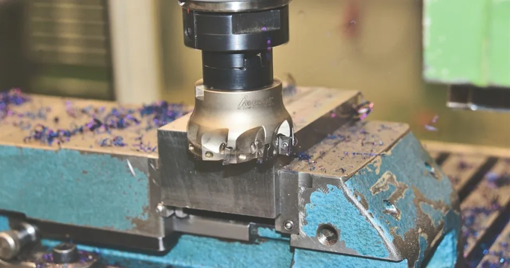 Face mill with carbide inserts cutting a steel workpiece with blue chips — the multi-tooth, single-stroke cutting principle behind broaching
